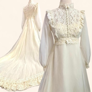 Vintage 70s Victorian Lace Wedding Dress | High Neck Cream Chiffon Gown Long Train Bridal Dress XS 0 2