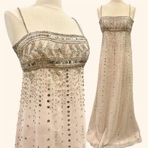 Vintage 1960s Rizkallah for Malcolm Starr Beaded Dress Evening Gown | Light Pink Sequin Rhinestone with Crystal Straps | XS / S