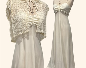 Vestido de novia vintage de los años 70 / Vestido de novia bohemio con capa de encaje de los años 70 / Vestido blanco de noche largo hasta el suelo 0 XS