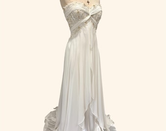 Vintage 90s Y2K Strapless Wedding Dress Satin Chiffon Overlay Mon Cheri Bridal Gown Small