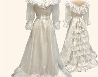 Vintage 70s Wedding Dress | 1970s Lace Off Shoulder Boho Bridal Gown | Ruffle Prairie Victorian White Floor Length 8 10 Medium