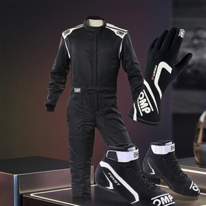 OMP Black White Racing Suit, Boots, Gloves Set, Motorsport Go-Kart Gear