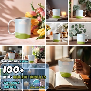 May include: A white ceramic mug with a light blue sky design, a white cloud, and a green landscape. The mug is shown in different settings, including with flowers and a book. Text on the image reads: "EASY USE WITH CANVA", "100+ MUG MOCKUP BUNDLES", "EASY CANVA TEMPLATE", and "DRAG AND DROP".