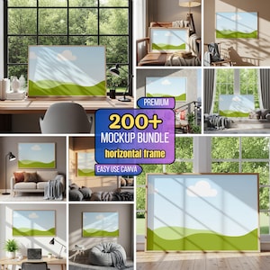 May include: A collection of horizontal frame mockups with a landscape design, presented in diverse settings. The image showcases frames on a desk, chair, and in a living room. Text on the image reads "200+ MOCKUP BUNDLE horizontal frame EASY USE CANVA."