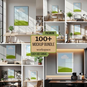 Puede incluir: Una colección de maquetas que presentan obras de arte enmarcadas con un diseño de paisaje de cielo azul, nube blanca y colinas verdes. Las imágenes están ambientadas en varios espacios de trabajo, con escritorios, plantas y material de oficina. El texto en la imagen dice "100+ MOCKUP BUNDLE workspace EASY USE CANVA."
