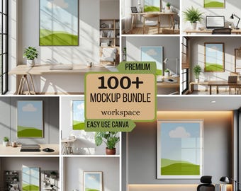May include: A collection of mockups featuring framed artwork with a landscape design of a blue sky, white cloud, and green hills. The images are set in various workspaces, with desks, plants, and office supplies. Text on the image reads "100+ MOCKUP BUNDLE workspace EASY USE CANVA."