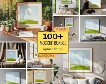 May include: A collection of framed art mockups featuring a landscape scene with a blue sky, white cloud, and green hills. The frames are displayed in various settings, including a desk, bedroom, and living room. The image includes text that says "100+ Mockup Bundle square frame EASY USE CANVA".