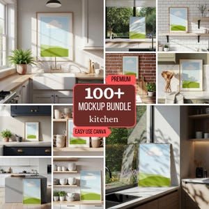 Puede incluir: Un paquete de maquetas para la decoración de la cocina, con impresiones artísticas enmarcadas con un diseño de paisaje. La imagen muestra varios entornos de cocina con el arte enmarcado, junto con el texto "100+ Mockup Bundle kitchen" y "Easy Use Canva."