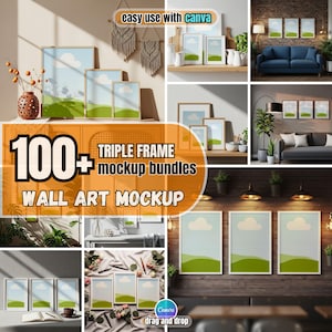 Canva-mockup met drievoudige lijst – 100+ sjablonen voor muurkunst (digitale download)