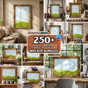May include: A collection of vintage wall art mockup bundles. The image features multiple gold-framed pictures with a landscape scene of a blue sky and green field. Text on the image reads "250+ vintage wallart mockup bundles" and "Easy to use".