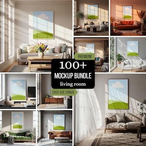 Puede incluir: Anuncio de un paquete de maquetas de salón, que presenta varias escenas de interiores. Cada escena incluye una obra de arte enmarcada con un cielo azul y un diseño de paisaje verde. El texto del anuncio dice "100+ Mockup Bundle living room EASY USE CANVA".