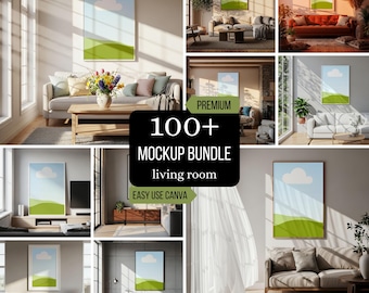 May include: A mockup bundle advertisement featuring multiple interior living room scenes. Each scene includes a framed artwork with a blue sky and green landscape design. The advertisement text reads "100+ Mockup Bundle living room EASY USE CANVA".