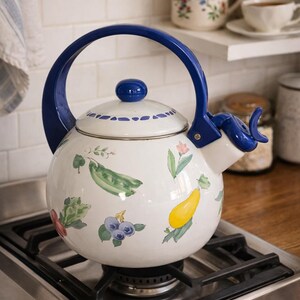 Vintage Enamel Teapot with Blue Handle Cottagecore Floral Kitchen