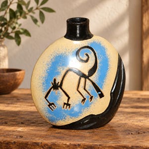 May include: A round ceramic vase with a narrow black neck and base. The body features a cream-colored surface with a central blue spray-painted area. A black line drawing of a stylized monkey with a curled tail is centered on the blue section.