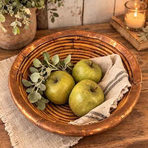 Vintage Copper Rim Primitive Basket Bowl – Hand Woven Rattan Basket – Rustic Farmhouse Decor