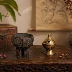 May include: A dark gray metal tripod incense burner with intricate embossed patterns alongside a smaller, polished brass incense burner featuring a pointed lid with cross-shaped cutouts and a wide, circular base for stability.