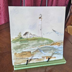 Pu&ograve; includere: Dipinto ad acquerello di un faro su una collina erbosa con un edificio bianco. Due gabbiani volano nel cielo. Il dipinto &egrave; esposto su un leggio verde. Il titolo del libro &egrave; "The Maggie B."