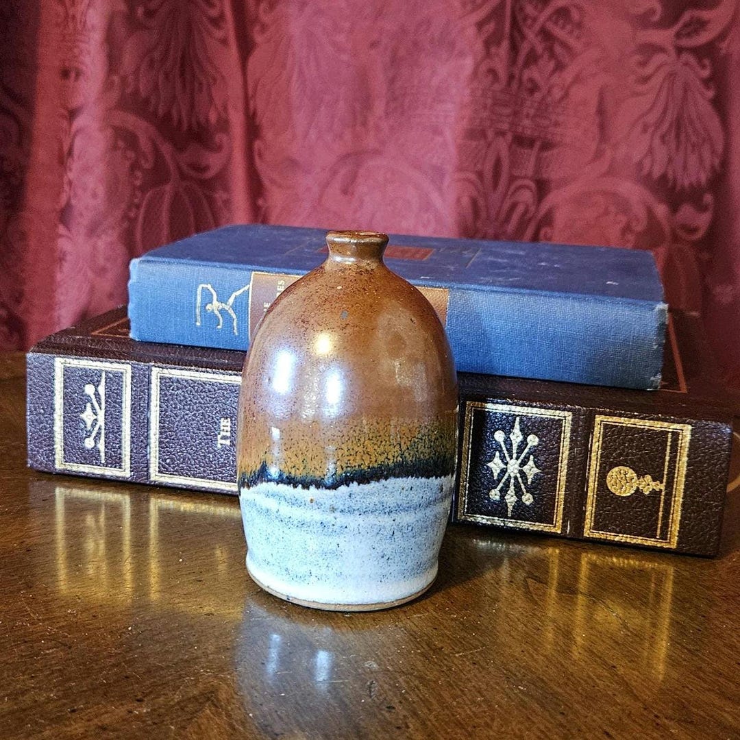 Vintage Artist-signed Studio Pottery Bud Vase Rustic Brown & Blue Glaze ...