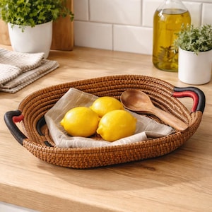 Vintage Handwoven Coiled Basket Tray | African Style Woven Serving Basket