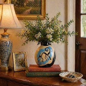 Monkey & Hummingbird Geoglyphs Vase Artist Signed Studio Pottery Two Sided