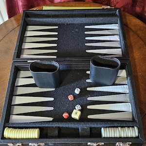 Vintage Travel Backgammon Set | Portable Black Case Game with Dice Cups