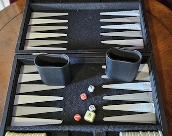 Vintage Travel Backgammon Set | Portable Black Case Game with Dice Cups