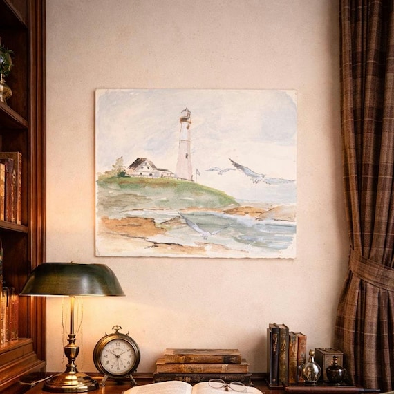 Original Watercolor Lighthouse Coastal Scene Vintage Signed Watercolor on Paper