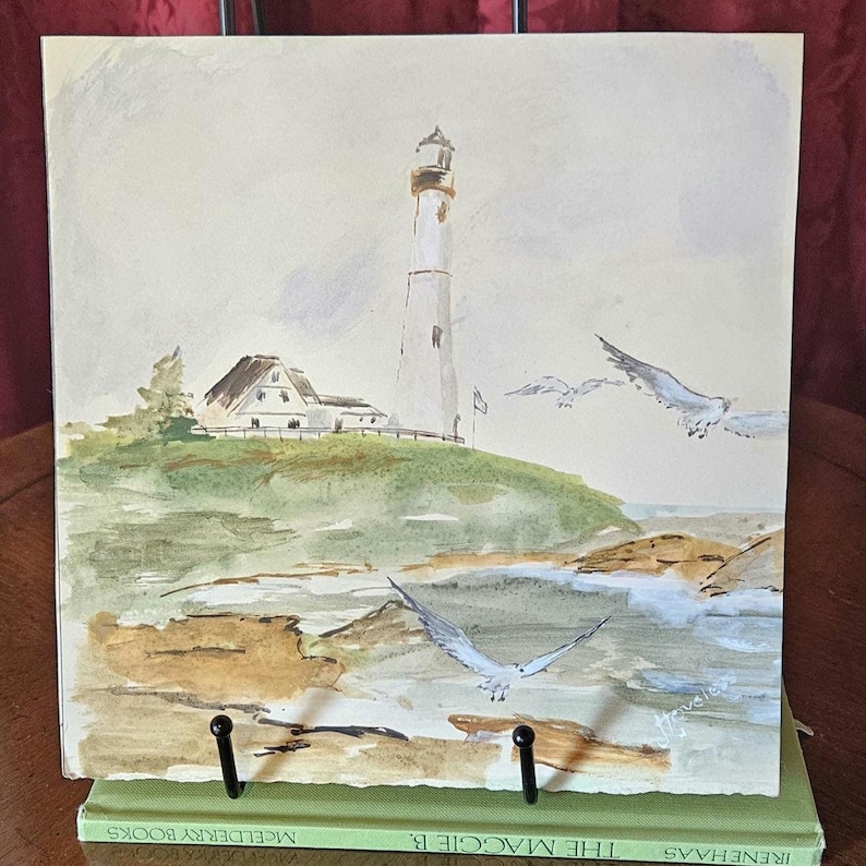 Original Watercolor Lighthouse Coastal Scene Vintage Signed Watercolor on Paper immagine 2