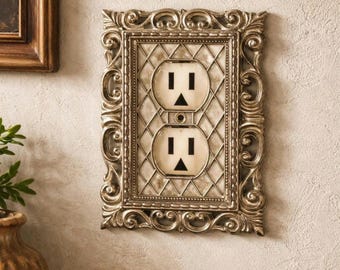 Vintage Brass & Plastic Outlet Cover – Ornate Filigree Wall Plate (American Tack Style)
