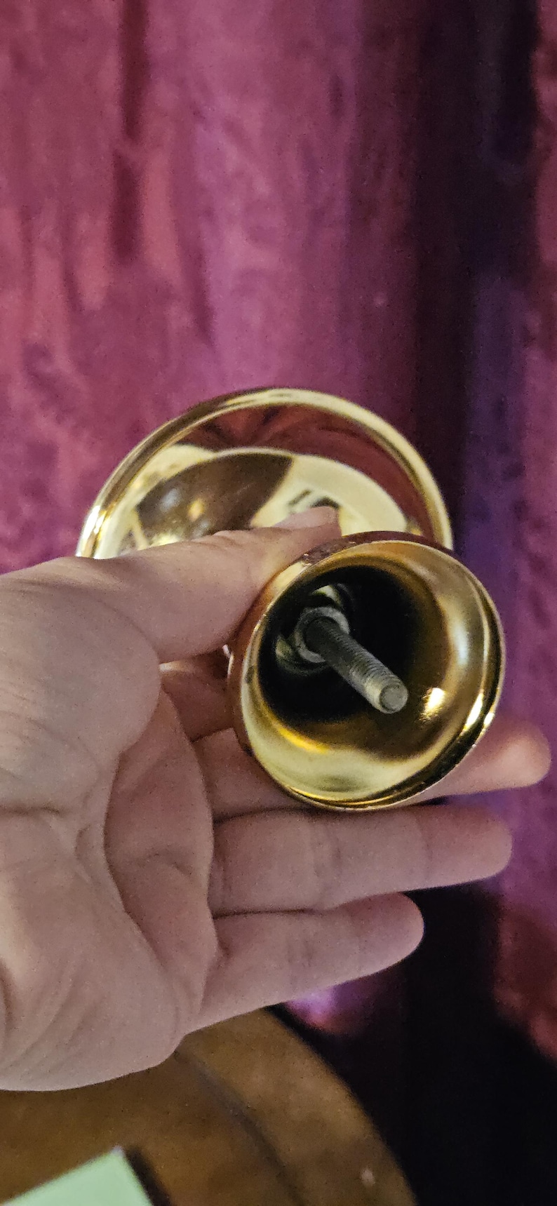 May include: Close-up of a gold-colored furniture foot with a threaded bolt. The foot has a rounded, bell-like shape and a shiny finish. The bolt is silver and extends from the center.
