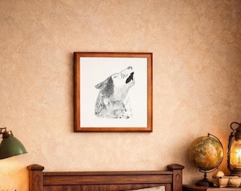 Artist Signed Original Wolf Silhouette Framed Line Art