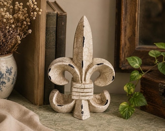 Sujetalibros o tope de puerta vintage con flor de lis / Decoración de resina con acabado craquelado envejecido