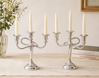 Pair Vintage Silver Tone 3-Arm Candelabras 10” Tall Decorative Candle Holders