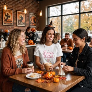 May include: Three people sit at a wooden table decorated with small pumpkins and autumn leaves. One person wears a white t-shirt with the text Basic Witch and a small witch hat headband. Another wears a graphic t-shirt with Halloween text.