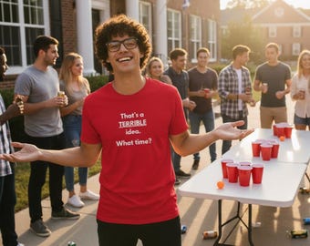 Camiseta gráfica divertida: "Qué idea tan terrible. ¿A qué hora?" - Humor sarcástico