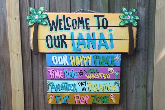 POOL Our Happy Place SURFBOARD SIGN Tropical Deck Backyard Patio Summer Plaque