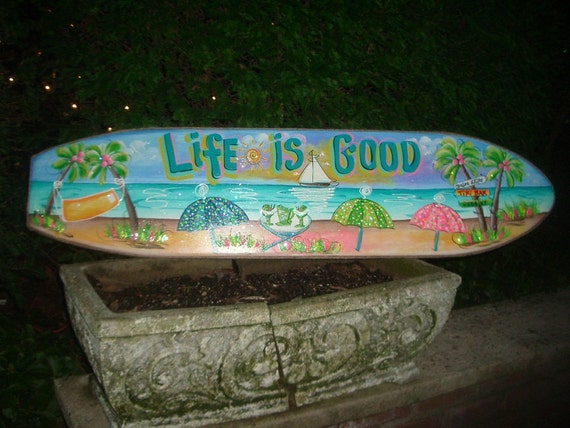 POOL Our Happy Place SURFBOARD SIGN Tropical Deck Backyard Patio Summer Plaque