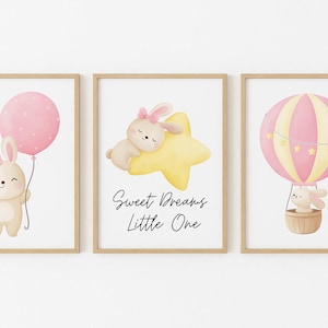 Girl’s Nursery Bedroom Prints Wall Art Bunny Star Hot Air Balloon Sweet Dreams Little One
