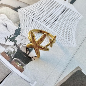 Seashell Gold Ring,summer ring, summer jewelry, waterproof  Beach Jewelry, Cockle Shell,Surfer Ring,Hypoallergenic, starfish adjustable ring