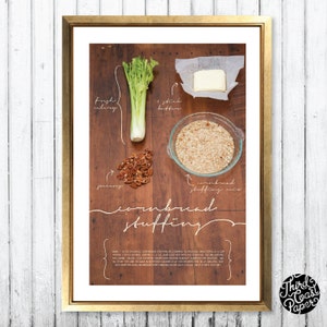 May include: A printable recipe card with a rustic wood background showing the ingredients for cornbread stuffing. The ingredients include cornbread stuffing mix, celery, pecans, butter, and fresh parsley. The text on the card reads "Cornbread Stuffing".