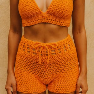 Handmade Crochet Shorts Set | Festival Outfit | Triangle Top & High-Waist Shorts | Boho Summer Beachwear