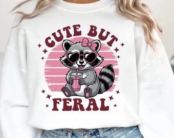 Cute But Feral PNG | Funny Raccoon Sublimation Design | Retro Pink Animal Clipart | Cute Wild Animal Printable PNG