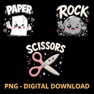May include: A digital graphic featuring three kawaii characters: a lined sheet of paper labeled PAPER, a grey rock labeled ROCK, and pink scissors labeled SCISSORS. Each character has a smiling face, winking eyes, and small hearts on a black background.