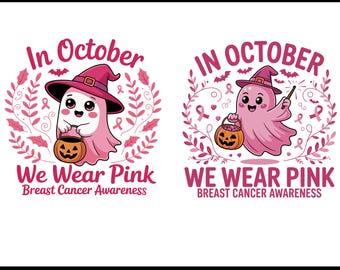 May include: Two pink and white digital designs for Breast Cancer Awareness. Each design features a cartoon ghost wearing a witch hat and holding a jack-o'-lantern. The text reads "In October We Wear Pink" and "Breast Cancer Awareness".