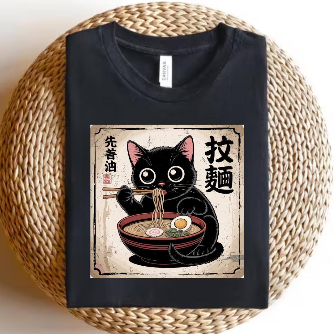 Black Cat Eating Ramen PNG | Kawaii Cat Noodle Bowl Sublimation | Funny ...