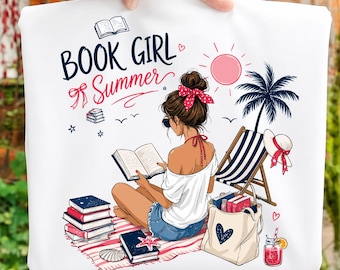 Buch Mädchen Sommer PNG, Buchliebhaber Sommer lesen Design, Küstenstrand Leser Grafik, Fantasy Bookish PNG, Buchclub Sublimation