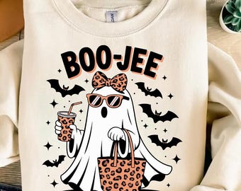 Boo Jee Leopard Print Ghost PNG, Halloween Coffee Ghost Shirt Design, Boujee Ghost PNG for Cricut, Cute Spooky Season Digital Download