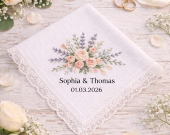 Personalized Wedding Handkerchief for Bride, Custom Name & Date Bridal Gift, Embroidered Floral Lace Handkerchief, Wedding Gift for Her