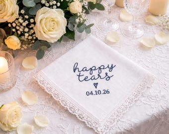 Pañuelo de boda Lágrimas Felices, pañuelo personalizado para la novia, pañuelo bordado con encaje, regalo personalizado para la fecha de la boda