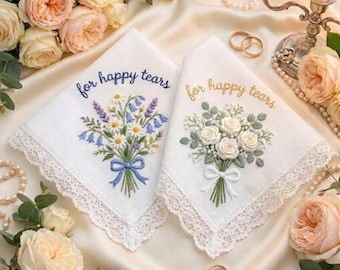 For Happy Tears Embroidered Wedding Handkerchief Set, Bridal Bouquet Hanky, Lace Keepsake Gift for Bride & Groom